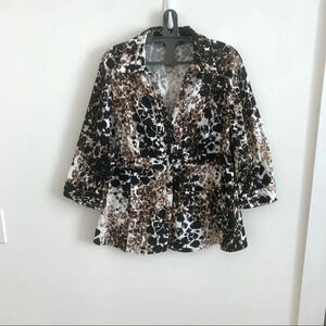 Women Animal Print Button Down Blouse Brown Black mature Long Sleeve Stretch 1x